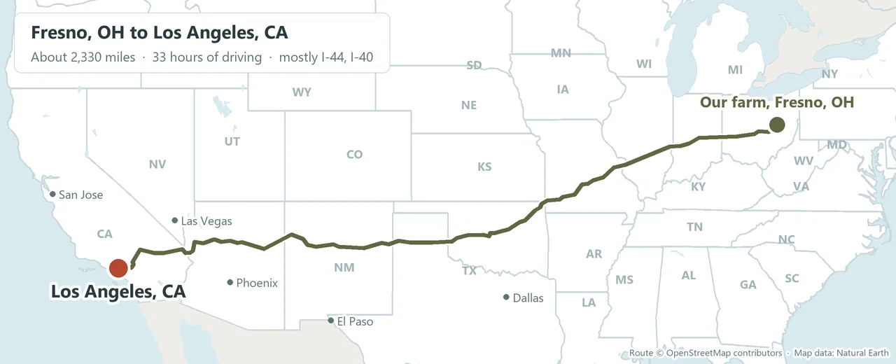 Map of the delivery route from our farm in Fresno, Ohio to Los Angeles, CA