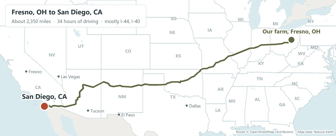 Map of the delivery route from our farm in Fresno, Ohio to San Diego, CA